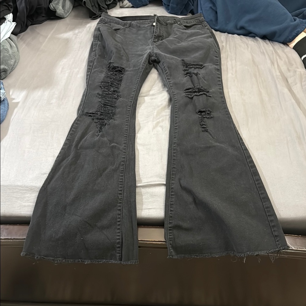 Chic Black Wide Leg Flare Jeans with Distressed Details